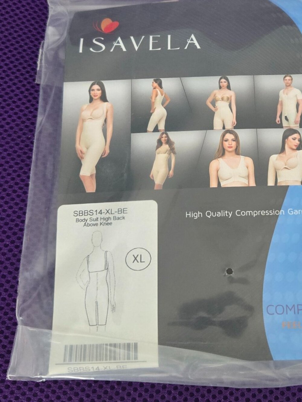 Isavela SBBS14- XL Compression Body Suit above knee, liposuction body suit nude
